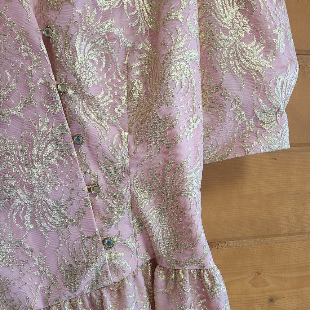 Vintage Halston Dress Pink Gold Lace Drop Waist Vneck Midi 10 Feminine Retro - Picture 2 of 5